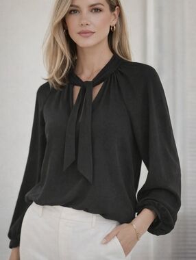 Loft Black Chiffon Tie Neck Blouse Size Large Minamalist Chic